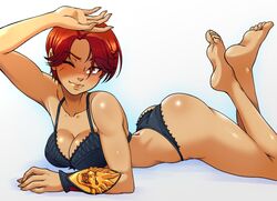 ass barefoot feet female fenyx immortals immortals:_fenyx_rising kawa-v lingerie lips orange_hair red_hair short_hair solo_female ubisoft underwear very_short_hair winking