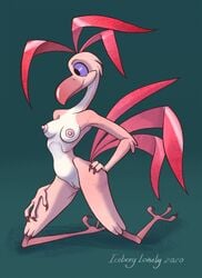 3_fingers 3_toes anthro avian beak bird bird_feet black_eyes breasts feathers feet female fingers genitals hand_on_hip hand_on_leg hi_res iceberglonely nipples non-mammal_breasts nude pink_body pink_feathers primma_(windborn) purple_sclera pussy solo talons toes windborn