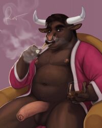 2021 anthro balls bathrobe bathrobe_only belly beverage big_belly blue_eyes body_hair bovid bovine cattle chair chest_hair cigar clothing ear_piercing erection facial_hair facial_piercing foreskin furniture genitals happy_trail hi_res holding_beverage holding_cigar holding_object horn looking_at_viewer male male_only mammal manly mature_male moustache musclegut muscular_legs navel nipple_piercing nipples nose_piercing nose_ring on_chair open_bathrobe pecs penis piercing pubes ring_piercing robe rov sitting slightly_chubby smile smoking smoking_cigar solo