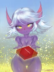 blush box breasts colored_skin female gift gift_box league_of_legends looking_at_viewer mayhem_art pointy_ears pussy short_hair silver_hair smile solo tristana valentine yellow_eyes yordle