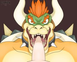 2020 anthro balls bara bowser collar demondoggodamien digital_media_(artwork) duo erection fangs fellatio genitals hair hi_res horn human human_on_anthro humanoid_genitalia humanoid_penis interspecies koopa looking_at_viewer male male/male male_only male_penetrated male_penetrating male_penetrating_male mammal mario_(series) nintendo nude open_mouth oral oral_penetration penetration penile penis scalie sex shell signature simple_background smile spikes teeth tongue video_games