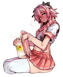 1boy 2d astolfo_(fate) astolfo_monster_cosplay_(meme) balls big_balls big_penis black_choker blush bottle choker clothing cock cropped_legs cum cum_in_bottle cum_in_container cum_trail cumdrip dick doppel erect_penis erection erection_under_skirt fate/grand_order fate_(series) femboy femboy_only full-face_blush girly gloves hair_between_eyes heavy_blush highres holding holding_bottle huge_cock human hung_trap light_skin long_braid long_hair male male_only meme midriff multicolored_hair neckerchief no_panties nsfw open_mouth otoko_no_ko pale_skin penis pink_hair pink_skirt pleated_skirt school_uniform serafuku short_sleeves simple_background sitting skirt solo streaked_hair testicles thick_penis thighhighs trap v veiny_penis very_long_hair white_gloves white_hair