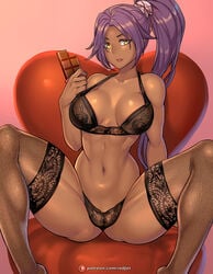 1girls ass big_breasts bite bleach bra breasts chocolate dark-skinned_female dark_skin female female_only food holding_object legwear lingerie long_hair midriff muscular muscular_female muscular_thighs panties ponytail purple_hair redjet shihouin_yoruichi sitting solo spread_legs stockings thick_thighs tied_hair valentine's_day yellow_eyes