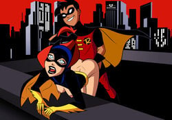 all_fours ass barbara_gordon batgirl batman:_the_animated_series batman_(series) blue_eyes breasts cowl dc dc_comics dcau doggy_style domino_mask from_behind hair_grab happy long_hair male mistermultiverse nipples older_female older_woman_and_younger_boy orange_hair partially_clothed pleasure_face robin_(dc) robin_(tim_drake) sex the_new_batman_adventures tim_drake