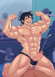 2boys abs anal anal_sex balls bara big_muscles black_hair black_thong black_underwear closed_eyes commission cum cum_in_ass dumbbell_nan_kilo_moteru? erection flexing gym highres indoors machio_naruzo magnta male_focus multiple_boys muscle muscles muscular muscular_male nipples open_mouth pecs penetration penis sex short_hair smile teeth testicles thick_thighs thong thrusting uncensored underwear wince yaoi