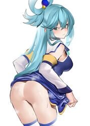 1girls aqua_(konosuba) ass back_view blue_eyes blue_hair clothing female female_only hair_ornament jikatarou kono_subarashii_sekai_ni_shukufuku_wo! long_hair looking_at_viewer looking_back no_panties skirt_lift solo solo_female steam sweating very_high_resolution white_background zikataro