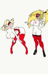 2demons 2girls bent_over big_ass big_breasts big_butt blonde_hair boots cherri_bomb grin hazbin_hotel katie_killjoy multiple_girls red_eyes sex skirt skirt_lift straight_hair tagme thighhighs traced vivienne_medran.