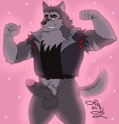 1boy 2021 absurd_res anthro balls bottomless canid canid_demon canine canis clothed clothing demon eye_scar facial_scar fur genitals gorrizz hellhound helluva_boss hi_res male male_only mammal muscular muscular_anthro muscular_male penis scar signature topwear vest vivienne_medrano vortex_(helluva_boss) wolf