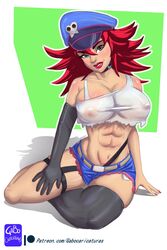 1girls abs athletic athletic_female big_breasts blue_eyes capcom female female_only final_fight gabocaricaturas hat hourglass_figure legs lips lipstick nipple_bulge nipples poison_(final_fight) red_hair red_lipstick see-through see-through_clothing short_hair smile solo street_fighter street_fighter_v thick_thighs thighs toned toned_female upper_body voluptuous