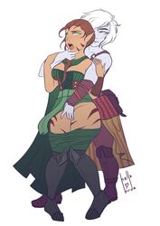 biting_lip blush braided_hair chin_hold crossed_legs dropped_pants elf elf_ears elf_female female/female fingering from_behind gasp green_eyes hellobirde kor magic_the_gathering muscular_female nahiri nissa_revane pointy_ears white_hair white_skin yuri