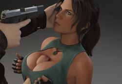 1boy 1girls 3d angry animated at_gunpoint big_penis breast_press brown_eyes brown_hair cleavage cleavage_cutout dark_hair death_stare erection evilaudio eyelashes female female_focus fingerless_gloves firearm forced forced_at_gunpoint forced_paizuri foreskin foreskin_folds fully_retracted_foreskin gun_to_head gunpoint handgun holding_weapon human intact lara_croft lara_croft_(survivor) large_penis light-skinned_male looking_up male moving_foreskin nagoonimation nail_polish nose_piercing padded_gloves paizuri paizuri_under_clothes pale-skinned_male pale_skin partial_male partially_retracted_foreskin penis penis_through_fly pistol ponytail rape realistic shorter_than_10_seconds sound straight tied_hair titjob tomb_raider tomb_raider_(survivor) uncut unsure veiny_penis video weapon