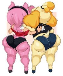 2021 2girls amy_rose animal_crossing anthro ass ass_focus back_view big_ass booty_shorts bubble_ass bubble_butt bullybelle_(purple_yoshi_draws) crossover daisy_dukes ear_piercing fat_ass female fully_clothed furry furry_only hi_res highres huge_ass isabelle_(animal_crossing) nintendo pink_fur purple_yoshi_draws round_ass sega shorts shortstack skindentation sonic_(series) sonic_the_hedgehog_(series) thick_thighs thighs video_games white_background yellow_body yellow_fur