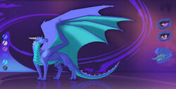 absurd_res blue_body claws dimitri_(anthrodragon) dragon feognia genitals hi_res horn knot large_wings looking_back male membrane_(anatomy) membranous_wings model_sheet open_mouth paws penile_spines penis pink_eyes pupils scalie slit_pupils solo spines teal_scales teal_tongue teal_wings tongue tongue_out western_dragon wing_claws wings