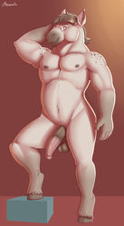 absurd_res animal_genitalia animal_penis anthro balls brownieclop digital_media_(artwork) english_text equid equine equine_penis genitals hair hector_(brownieclop) hi_res horse male mammal mature_male muscular muscular_anthro muscular_male nipples nude pecs penis simple_background solo text