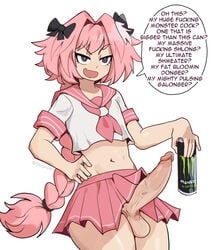 1boy androgynous astolfo_(fate) astolfo_monster_cosplay_(meme) balls belly_out big_penis black_ribbon canon_crossdressing crossdressing erect erect_penis erection fate/grand_order fate_(series) femboy girly hair_ribbon hi_res high_resolution highres humor hung_trap long_hair long_penis male male_only meme monster_energy ms_pigtails oh_these?_(meme) open_mouth penis penis_out pink_hair purple_eyes ribbon ribbons simple_background skirt skirt_lift speech_bubble standing testicles text thick_penis thick_thighs thighs trap veiny_penis white_background