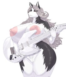 1girls anthro areola big_breasts breasts canid canine canis carsen casual female genitals grey_hair guitar hair helluva_boss hi_res huge_breasts loona_(helluva_boss) mammal musical_instrument nipples nude playing_instrument plucked_string_instrument pubes pussy red_eyes solo string_instrument thick_thighs vivienne_medrano white_background wolf