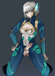 1futa a_go ago alternate_costume balls bangs bodysuit breasts cleavage cleavage_cutout clothed clothing crotchless d.va erection futa_only futanari huge_cock human light-skinned_futanari light_skin mostly_clothed navel overwatch overwatch_2 overwatch_league pacific_d.va pale_skin penis solo testicles uncensored white_hair