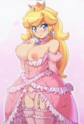 1girls areolae big_breasts blonde_hair blue_eyes blush breasts breasts_out crown dress konpeto lingerie looking_at_viewer mario_(series) nintendo nipples panties pink_background pink_dress pink_panties pink_stockings pink_thighhighs princess_peach remake stockings thighhighs