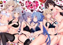 6+girls akusema amber_(genshin_impact) barbara_(genshin_impact) between_breasts blush bra breast_press breasts cleavage female female_only ganyu_(genshin_impact) garter_belt garter_straps genshin_impact happy_valentine heart highres horn jean_gunnhildr keqing_(genshin_impact) large_breasts lingerie looking_at_viewer noelle_(genshin_impact) nun panties smile sweat take_your_pick thighhighs twintails underwear valentine's_day