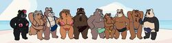 2021 absurd_res anthro beach black_body black_fur breasts brown_body brown_fur bunnybara clothed clothing erection erection_under_clothing eyewear facial_hair female fur giant_panda glasses group hi_res long_image male mammal moobs moustache nipples outside overweight overweight_male seaside swimwear ursid wide_image