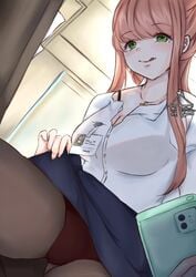 1girls black_skirt breasts brown_hair cleavage crotch doki_doki_literature_club green_eyes id_card looking_at_viewer monika_(doki_doki_literature_club) office office_lady panties pantyhose pencil_skirt phone picture ponytail red_panties ribbon selfie skirt skirt_lift spread_legs transparent_clothing upskirt white_ribbon white_shirt yuxine