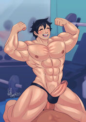 2boys abs anal anal_sex balls bara big_muscles black_hair black_thong black_underwear closed_eyes commission dumbbell_nan_kilo_moteru? erection flexing gym highres indoors machio_naruzo magnta male_focus male_only multiple_boys muscle muscles muscular muscular_male nipples open_mouth pecs penetration penis sex short_hair smile teeth testicles thick_thighs thong thrusting uncensored underwear wince yaoi