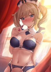 barbara_(genshin_impact) bedroom blonde_hair blue_eyes blush blushing_at_viewer blushing_profusely breasts collar crotchless crotchless_panties dearonnus detailed_background eyebrows_visible_through_hair eyelashes garter_belt garter_straps genshin_impact hat heart-shaped_pupils lingerie looking_at_viewer medium_breasts midriff navel nun pregnancy_test smile smiling_at_viewer twintails