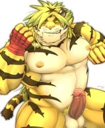 2021 5_fingers anthro armpit_hair balls bara blonde_hair blonde_pubes blush body_hair clows erection felid fingers fur genitals green_eyes hair hand_wraps hi_res humanoid_genitalia humanoid_hands humanoid_penis long_hair macan_(tokyo_afterschool_summoners) magan male male_only mammal multicolored_body multicolored_fur muscular muscular_anthro muscular_male muscular_thighs navel nipples pantherine penis pink_nose precum pubes simple_background solo striped_body striped_fur striped_tail stripes t_kohaku2016 tiger tokyo_afterschool_summoners two_tone_body two_tone_fur video_games white_background white_body white_fur wraps yellow_body yellow_fur