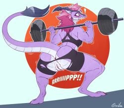 anthro anus ass biped blush bodily_fluids clothing dragon exercise female genitals goolee hair pink_hair purple_body pussy rear_view solo sweat wardrobe_malfunction weightlifting workout