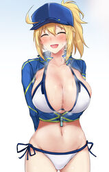 artoria_pendragon belly belly_button big_breasts blonde_hair blue_eyes blush breasts_bigger_than_head cute embarrassed fate/grand_order fate_(series) jacket mysterious_heroine_xx_(foreigner) open_mouth poshi_(ginmokusei) steam sweaty thin thin_waist unzipped