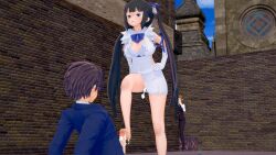 after_sex alley angry barefoot cheating cum cum_drip cum_dripping cum_inside dick dungeon_ni_deai_wo_motomeru_no_wa_machigatteiru_darou_ka eina_tulle hestia_(danmachi) koikatsu legs looking_down netorare robotlover stepped_on stepping_on_penis unaware voyeur watching