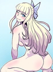 1girls blonde_hair charlotte_(fire_emblem) fire_emblem fire_emblem_fates grimmelkin grimmelkind hairbow looking_back nintendo nude solo solo_female wink winking winking_at_viewer