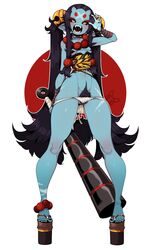 1girls armpit_hair black_hair black_sclera blue_body blue_skin clothed clothing fangs female female_only hairy happy_trail horns long_hair monster monster_girl mythology niucniuc oni pubes pubic_hair sharp_teeth small_breasts solo very_long_hair yellow_eyes