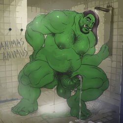 animasanimus balls boner cum cum_dripping cum_in_ass erection facial_hair gay green_skin hairy male male_only nude ogre orc orc_male penis shower solo solo_male steam tusks