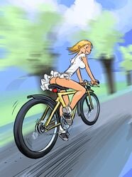 1girls ass au_(artist) bicycle bike blonde_hair blush boli-blog cycling erect_nipples exhibitionism female female_only no_panties outdoors perky_breasts pussy_juice smile solo white_dress