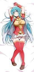 1girls armor arms_up bare_thighs bed_sheet big_breasts blue_eyes blue_hair blush boots bow bow_panties breastplate breasts clothes_lift dakimakura dakimakura_design earrings eirika_(fire_emblem) female female_only fingerless_gloves fire_emblem fire_emblem:_the_sacred_stones gloves highres jewelry kyo9999 light_blue_eyes light_blue_hair long_hair looking_at_viewer lying medium_breasts muneate navel nintendo on_back panties pantyshot partially_visible_vulva pink_panties red_gloves red_legwear shoes short_sleeves skirt skirt_lift solo thigh_boots thighhighs underwear upskirt very_long_hair white_skirt