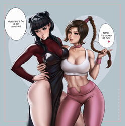 2girls abs aged_up alternate_breast_size artist_signature ass_visible_through_thighs asymmetrical_docking athletic_female avatar_the_last_airbender bare_legs bare_shoulders between_legs big_breasts black_hair braid breasts breasts_touching brown_eyes brown_hair buttfang child_bearing_hips choker cleavage clothing curvy cute dandon_fuga double_bun dress female female_only fire_nation fit_female flirting friends fully_clothed goth grey_background hand_on_hip heart heart_background hourglass_figure hugging large_breasts leather lesbian long_hair long_sleeves mai_(avatar) midriff midriff_baring_shirt navel nickelodeon pelvic_curtain pink_border pink_pants playing_with_hair pout pressed_together seductive side_by_side side_hug side_slit simple_background speech_bubble sports_bra standing tank_top text thick_thighs thigh_gap thin_waist tight_shirt toned_female twintails ty_lee valentine's_day wide_hips workout_clothes wristband yellow_eyes yoga_pants yuri