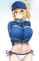 artoria_pendragon belly belly_button big_breasts blonde_hair blue_eyes blush breasts_bigger_than_head cute fate/grand_order fate_(series) jacket mysterious_heroine_xx_(foreigner) poshi_(ginmokusei) thin thin_waist