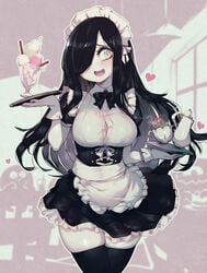 1girls 2021 aria_(parororo) aria_wintermint black_hair blush cleavage female food frills green_eyes hair_over_one_eye heart ice_cream long_hair maid maid_uniform original pale-skinned_female pale_skin parororo solo solo_female stockings tagme thighhighs unbuttoned waitress