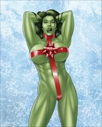 1girls abs biceps big_breasts breasts busty christmas female female_only green_body green_hair green_skin high-heeled_jill huge_breasts hulk_(series) large_breasts licking_own_lips long_hair marvel marvel_comics muscles muscular muscular_female muscular_thighs nude pinup pinup_pose pose posing ribbon seductive seductive_look seductive_pose she-hulk tagme toned toned_female