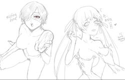 2girls :o black_clover breast_grab breast_squeeze eye_contact eye_patch female flustered grope groping hairpin kuri00504 long_hair looking_at_viewer medium_breasts monochrome multiple_girls nipples noelle_silva quiver red_eyes short_hair sketch tears twintails vanica_zogratis