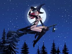 1girls accidental_exposure au_(artist) blush boli-blog breasts broom character_request embarrassed_nude_female enf erect_nipples flying full_moon goggles_on_head looking_back moon nipples no_bra outdoors perky_breasts thighhighs torn_clothes wardrobe_malfunction witch witch_hat