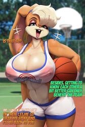 1girls abs anthro areolae breasts cleavage female female_only furry huge_breasts lola_bunny looney_tunes nipples picturd pokies rabbit space_jam speech_bubble text thick_thighs voluptuous wide_hips