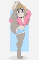 2020 absurd_res anthro bit-maki blue_shorts blush clothed clothing disney female female_only flexible fur furry grey_body grey_fur hi_res jean_shorts judy_hopps lagomorph leporid looking_at_viewer mammal multicolored_body multicolored_fur open_mouth purple_eyes rabbit short_shorts shorts simple_background solo teeth thick_thighs usnarbit vertical_splits zootopia