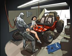 1boy 1girls au_(artist) bent_over blush boli-blog bottomless buggy car erect_nipples female from_behind from_behind_position human_penetrated male mechanic mechanical no_pants on_car perky_breasts robot robot_on_human robot_penis robot_sex sex sex_machine short_hair standing_sex straight tiptoes wrench