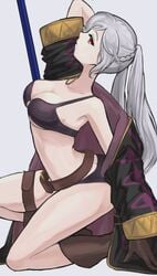 1girls belt bikini blank_background boots bra brown_belt brown_boots brown_gloves coat fedudu91 female female_focus female_only fire_emblem fire_emblem_awakening fire_emblem_heroes gloves looking_at_viewer loose_belt loose_clothes pale-skinned_female pale_skin panties purple_bra purple_panties red_eyes robin_(female)_(summer)_(fire_emblem) robin_(fire_emblem) robin_(fire_emblem)_(female) silver_hair simple_background twintails