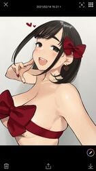 bare_shoulders big_breasts black_hair bow bow_ribbon breasts brown_eyes douki-chan's_rival_(yomu_(sgt_epper)) ear earrings female ganbare_douki-chan gift heart medium_hair mole mole_on_breast mole_under_breasts nail_polish nude open_mouth open_smile photo seductive smile solo_female taking_picture thick_eyebrows wrapped yomu_(sgt_epper)