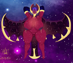 ahe_gao anthro cosmic_skin curvy female_only giantess gloves huge_ass huge_breasts lunala milk nostngen nude_female pokémon_(species) pokemon posing pussy_juice red_eyes shiny_pokemon shiny_skin space wings