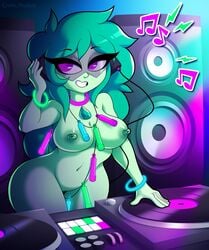 1girls areolae big_breasts breasts casual dj electronics eroticphobia eyewear fan_character female female_only gem_(species) gemsona glowstick green_hair green_skin music_note neckwear nipples pale_skin rave smile solo steven_universe tourmaline_(tourmygemz) visor