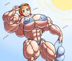 abs beach beefy beefy_girl ben_10 biceps big_breasts bikini breasts extreme_muscles glasses green_eyes gwen_tennyson hat huge_breasts hyper_muscles large_breasts muscles muscular muscular_arms muscular_female muscular_legs nipples orange_hair sunglasses swimsuit wobbleblot wobbleblot_(artist)